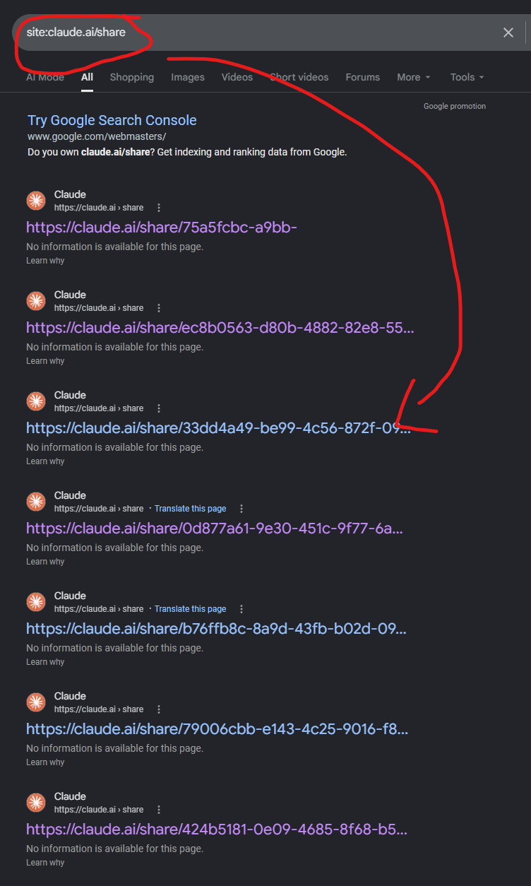 Google results page showing multiple Claude share URLs without chat contents