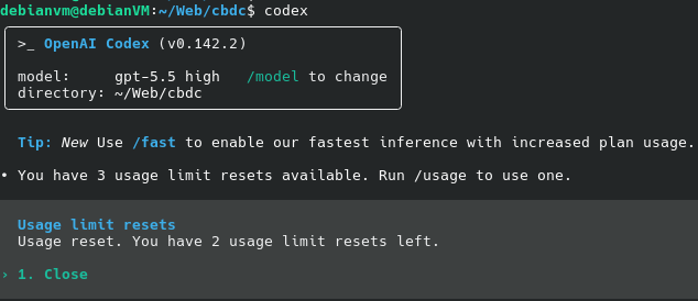 Codex CLI usage menu showing three available usage-limit resets