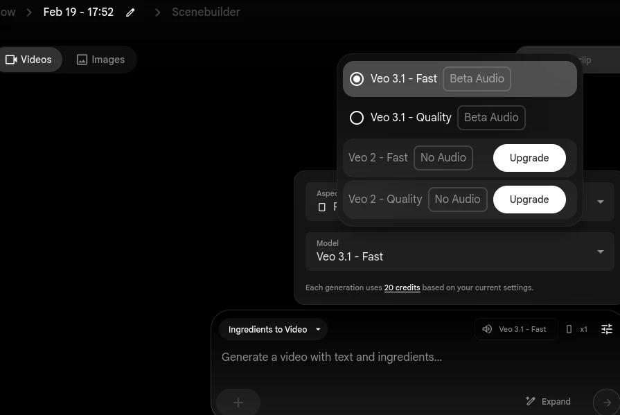 Flow generation settings showing 20 credits per video
