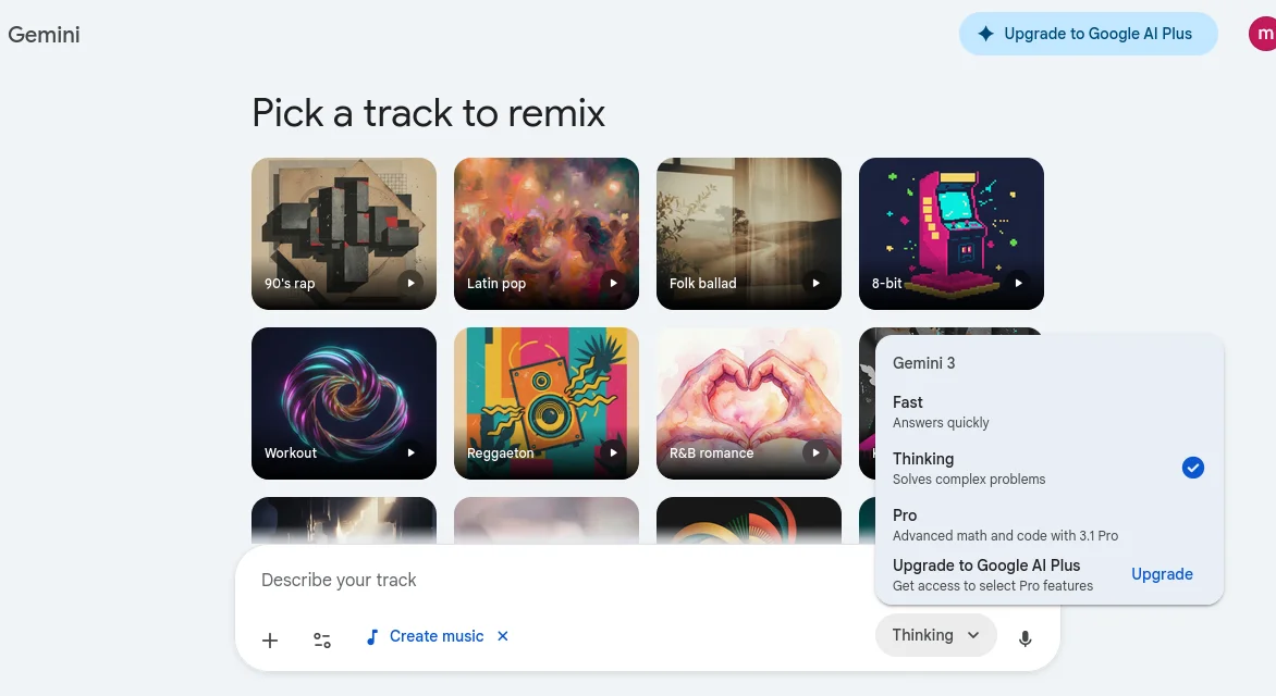 Lyria 3 accessible inside the Gemini app interface